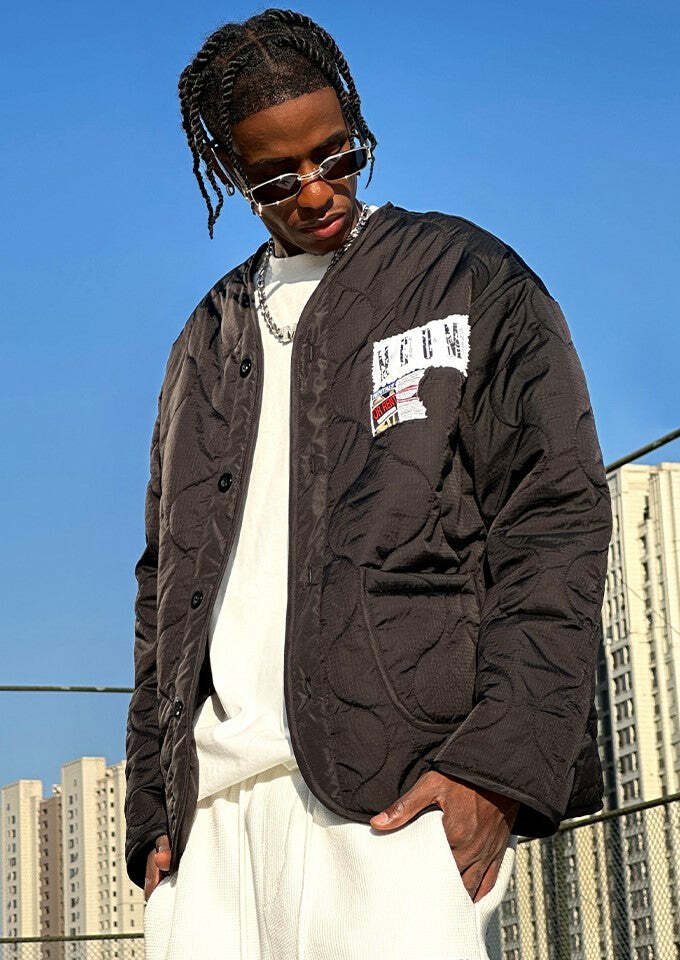 MEDM Patched Flyer Quilted Jacket - Y2K Summer, 90s Grunge, Retro Style, Y2K Party Outfit