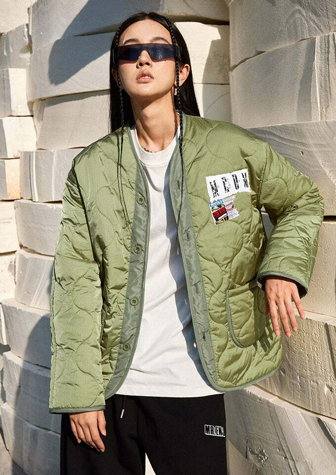 MEDM Patched Flyer Quilted Jacket - Y2K Summer, 90s Grunge, Retro Style, Y2K Party Outfit
