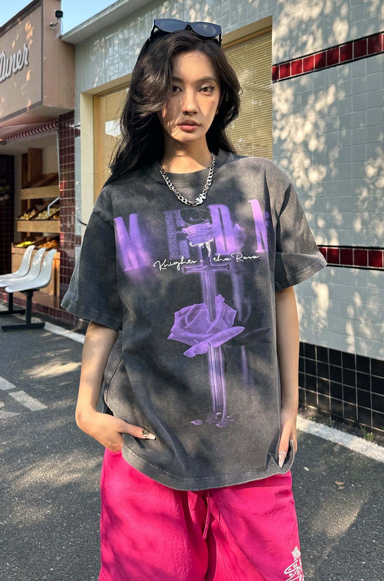 MEDM Vintage Washed 'Sword & Rose' Tee - Y2K Grunge 90s Fashion, Retro Summer Outfit