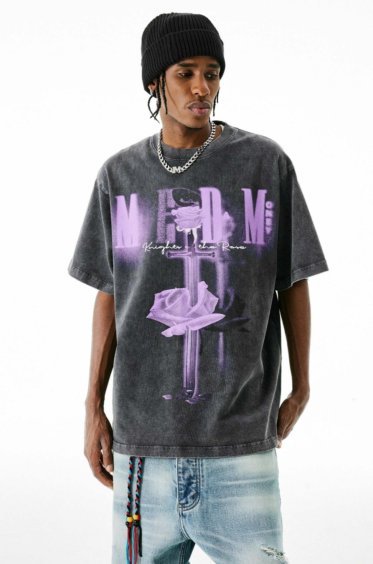 MEDM Vintage Washed 'Sword & Rose' Tee - Y2K Grunge 90s Fashion, Retro Summer Outfit