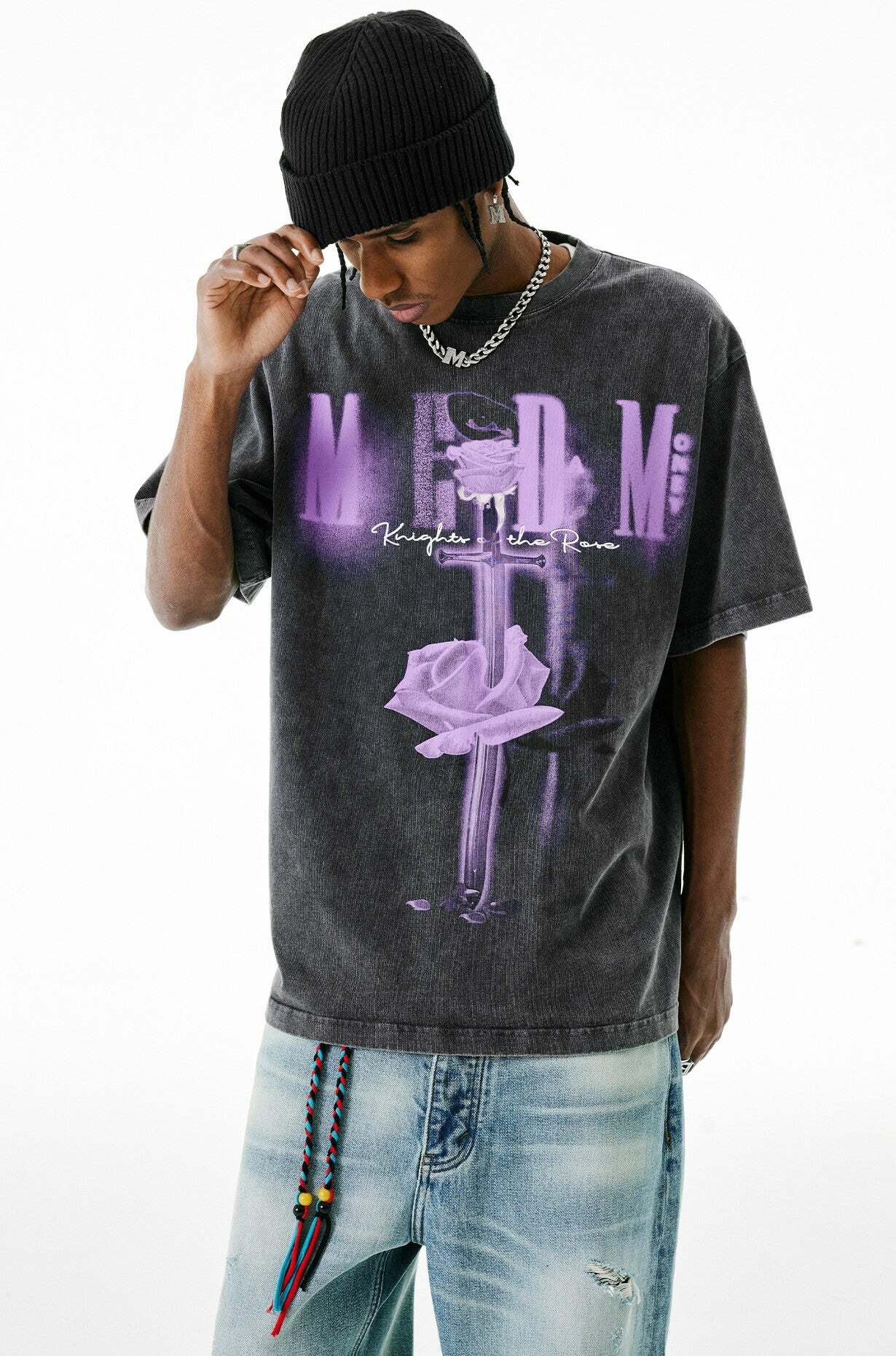 MEDM Vintage Washed 'Sword & Rose' Tee - Y2K Grunge 90s Fashion, Retro Summer Outfit