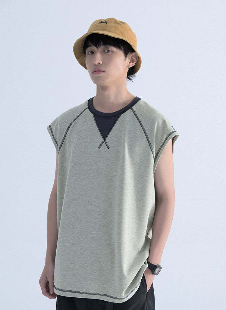 Mentmate Contrast Stitched Sleeveless Tee - Y2K Summer, 90s Grunge, Retro Style, Baby Tees Y2K