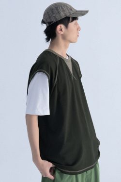Mentmate Contrast Stitched Sleeveless Tee - Y2K Summer, 90s Grunge, Retro Style, Baby Tees Y2K