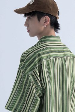 Mentmate Retro-Striped Button Up: Y2K Summer, 90s Grunge, Pastel Goth, Y2K Club & Party