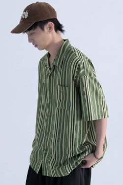 Mentmate Retro-Striped Button Up: Y2K Summer, 90s Grunge, Pastel Goth, Y2K Club & Party