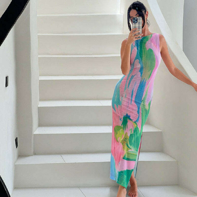 Metztli Printed Maxi Dress - Y2K Summer, 90s Grunge, Retro Style, Y2K Party & Club Outfits