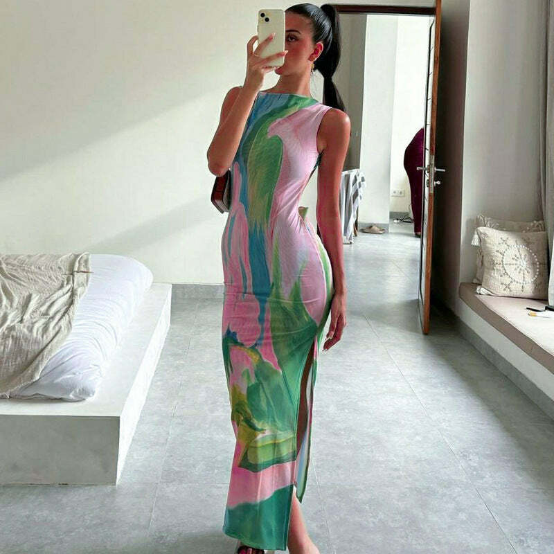 Metztli Printed Maxi Dress - Y2K Summer, 90s Grunge, Retro Style, Y2K Party & Club Outfits