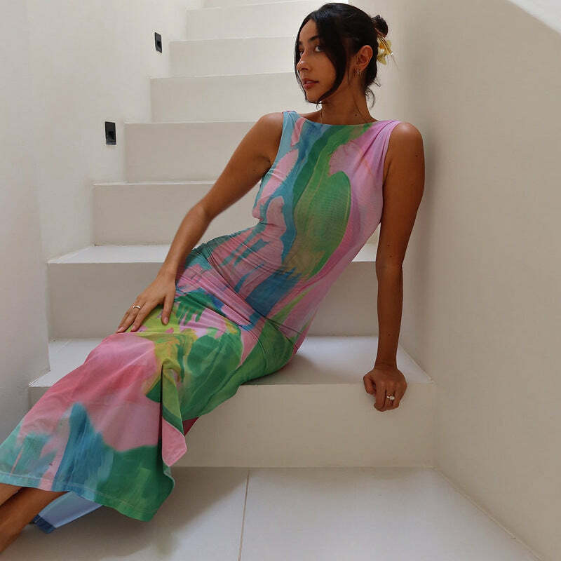 Metztli Printed Maxi Dress - Y2K Summer, 90s Grunge, Retro Style, Y2K Party & Club Outfits
