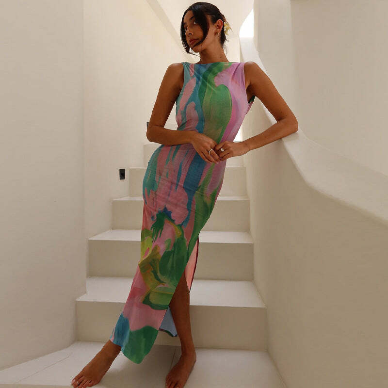 Metztli Printed Maxi Dress - Y2K Summer, 90s Grunge, Retro Style, Y2K Party & Club Outfits