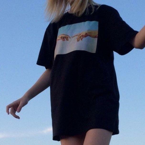 Michelangelo Reach T-Shirt - Y2K Summer Grunge, 90s Retro, Baby Tees, Y2K Club & Party Outfits
