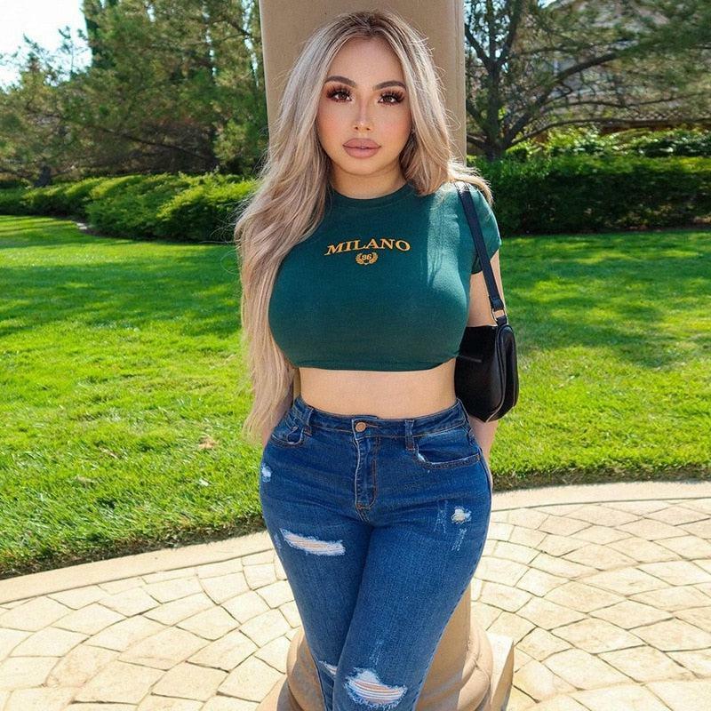 Milano Embroidered Crop Top - Y2K Summer, 90s Fashion, Grunge, Retro, Pastel Goth, Y2K