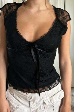 Minsa Lace T-Shirt - Y2K Summer Grunge, 90s Retro, Pastel Goth, Baby Tees, Y2K Club