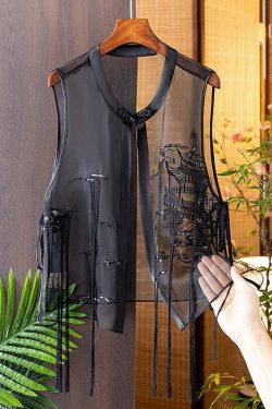Modern Black O-Neck Embroidered Silk Waistcoat - Y2K Summer Grunge 90s Fashion Retro Style