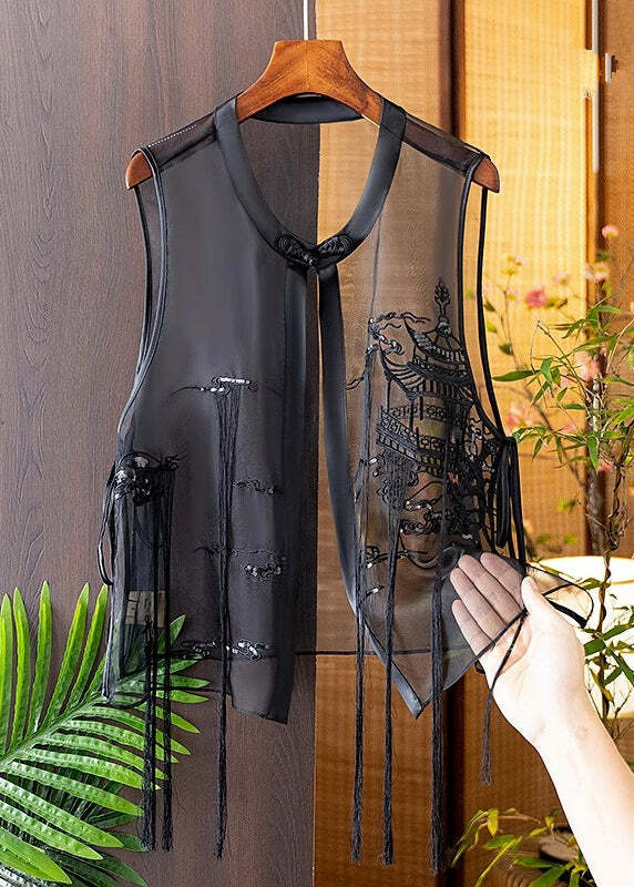 Modern Black O-Neck Embroidered Silk Waistcoat - Y2K Summer Grunge 90s Fashion Retro Style