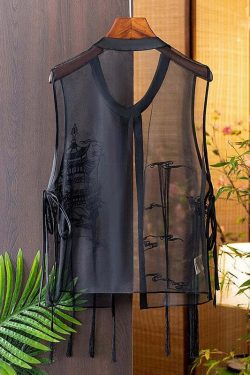 Modern Black O-Neck Embroidered Silk Waistcoat - Y2K Summer Grunge 90s Fashion Retro Style
