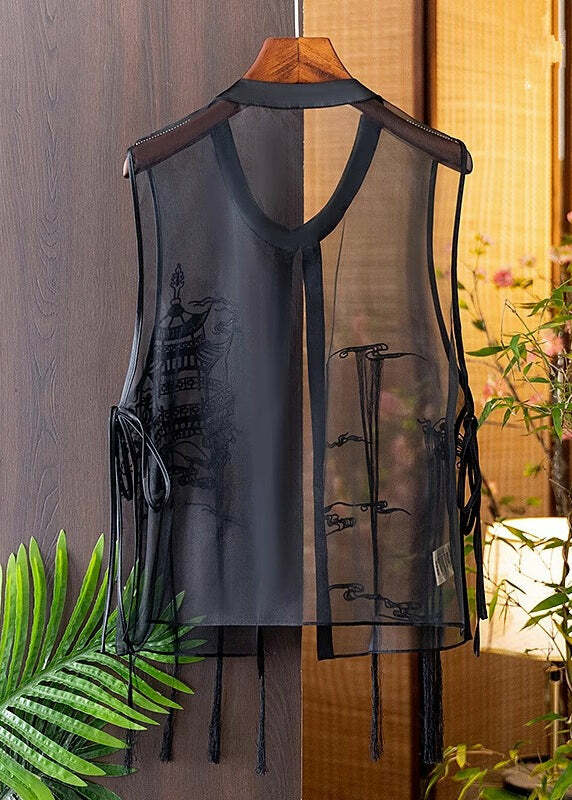 Modern Black O-Neck Embroidered Silk Waistcoat - Y2K Summer Grunge 90s Fashion Retro Style