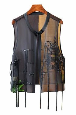 Modern Black O-Neck Embroidered Silk Waistcoat - Y2K Summer Grunge 90s Fashion Retro Style