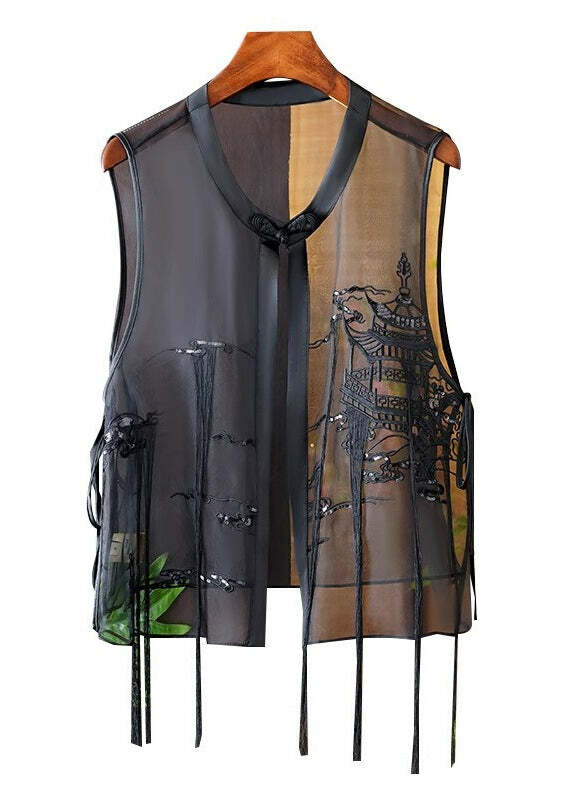 Modern Black O-Neck Embroidered Silk Waistcoat - Y2K Summer Grunge 90s Fashion Retro Style
