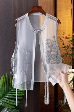 Modern Black O-Neck Embroidered Silk Waistcoat - Y2K Summer Grunge 90s Fashion Retro Style