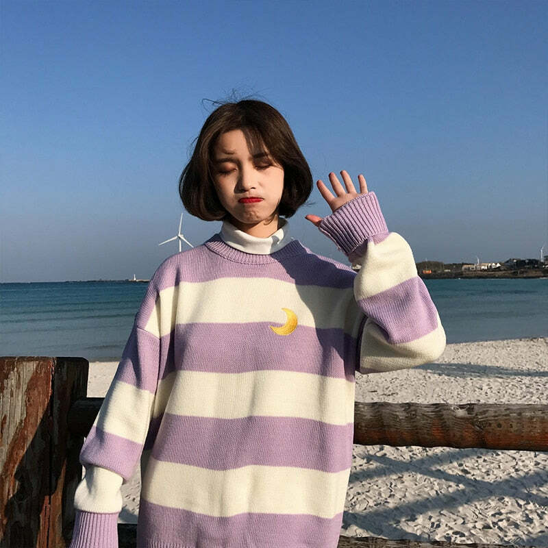 Moon Princess Striped Sweater - Y2K Summer, 90s Grunge, Retro 90s, Y2K Club & Party Out