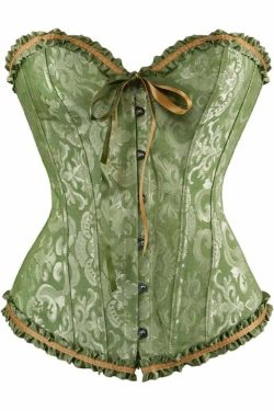 Moss Green Gothic Ruffle Trim Hourglass Overbust Corset - Y2K Grunge 90s Retro Fashion