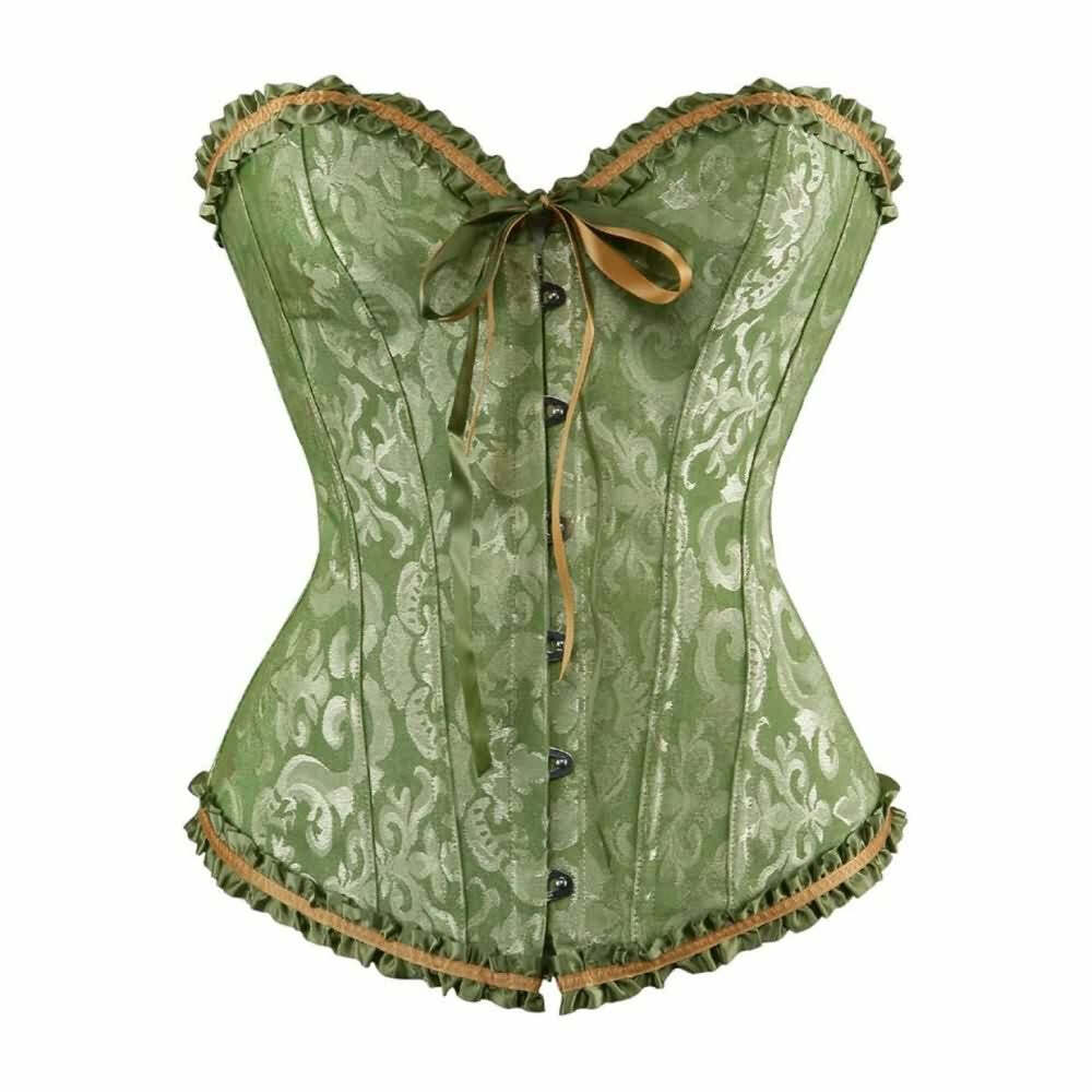 Moss Green Gothic Ruffle Trim Hourglass Overbust Corset - Y2K Grunge 90s Retro Fashion