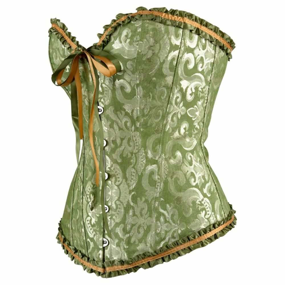 Moss Green Gothic Ruffle Trim Hourglass Overbust Corset - Y2K Grunge 90s Retro Fashion