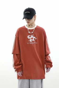 MRNEARLY All-Star Striped Layered Long Sleeve - Y2K Grunge 90s Fashion Retro Summer Outfit