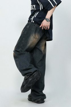 MRNEARLY Faded Jeans - Y2K Summer Grunge 90s Fashion, Retro Hip Hop, Pastel Goth, Y2K