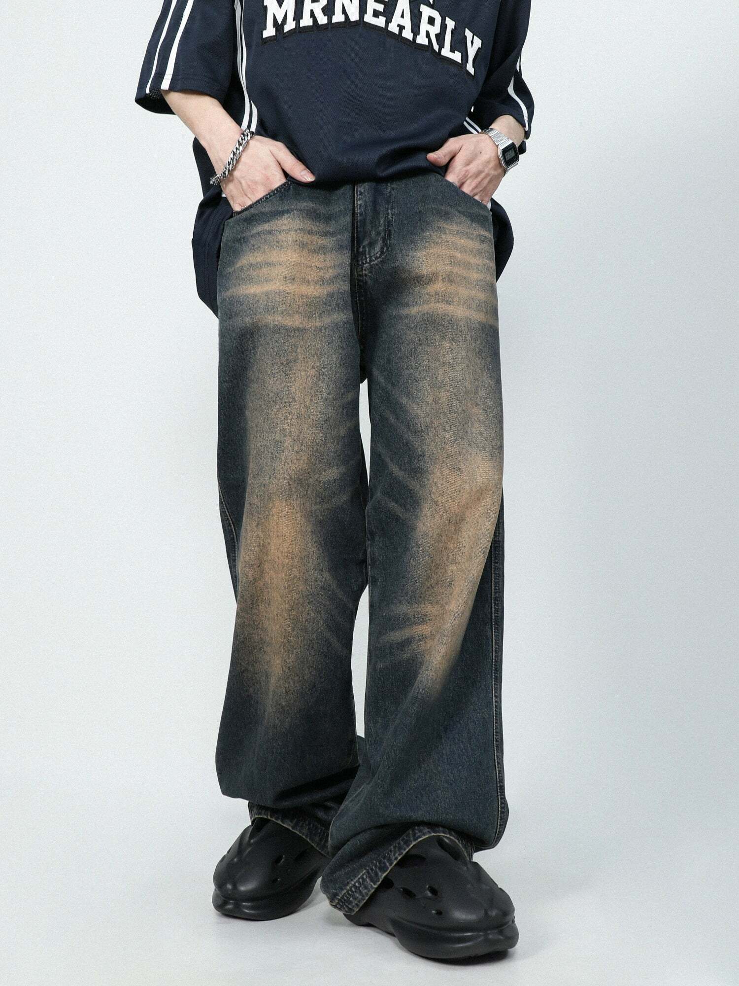 MRNEARLY Faded Jeans - Y2K Summer Grunge 90s Fashion, Retro Hip Hop, Pastel Goth, Y2K
