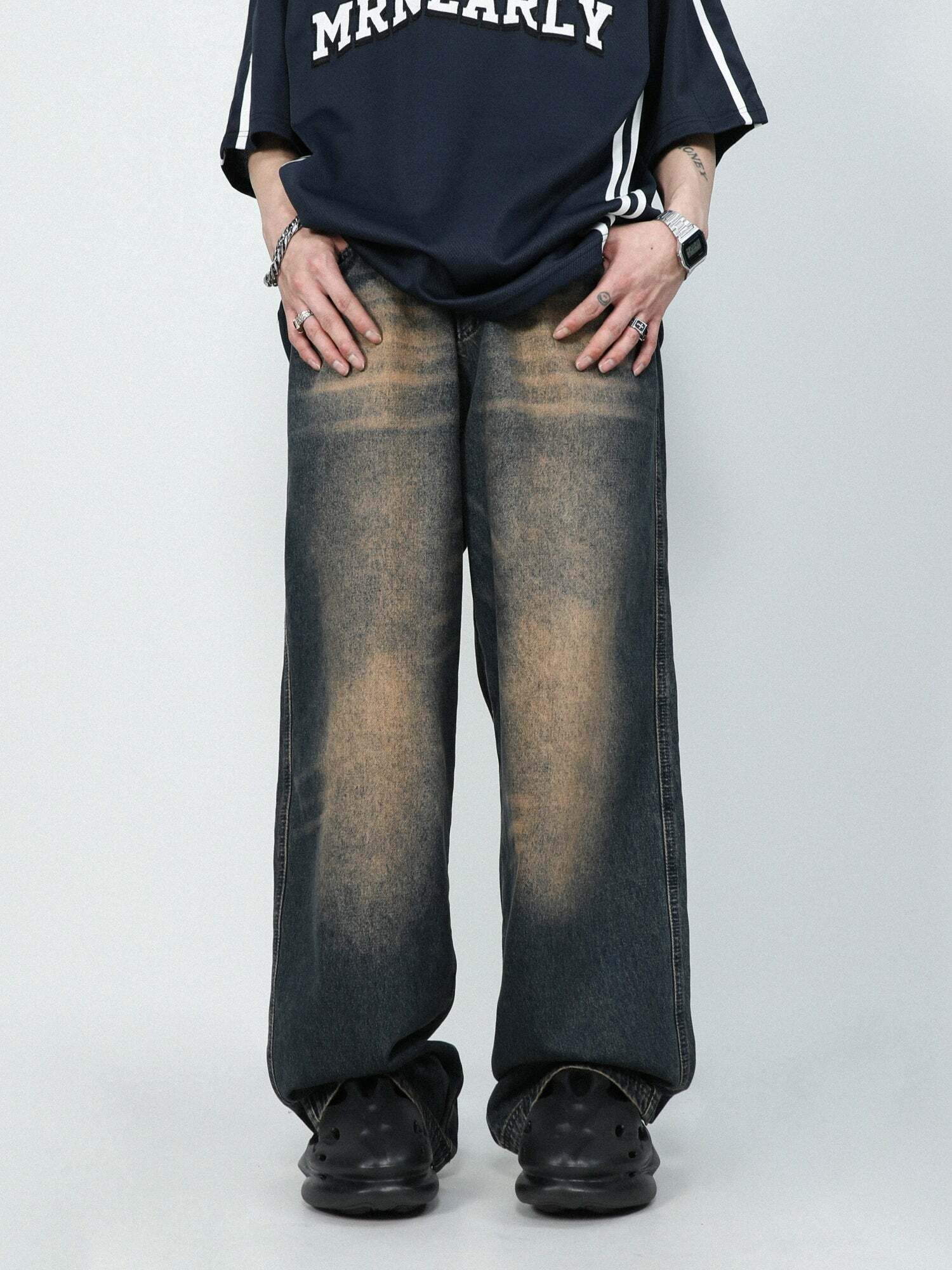 MRNEARLY Faded Jeans - Y2K Summer Grunge 90s Fashion, Retro Hip Hop, Pastel Goth, Y2K