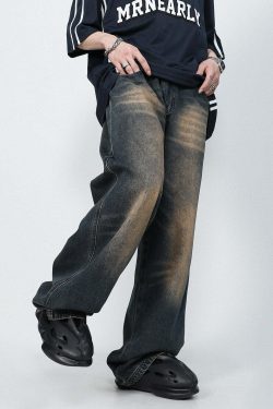 MRNEARLY Faded Jeans - Y2K Summer Grunge 90s Fashion, Retro Hip Hop, Pastel Goth, Y2K