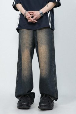 MRNEARLY Faded Jeans - Y2K Summer Grunge 90s Fashion, Retro Hip Hop, Pastel Goth, Y2K