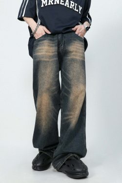 MRNEARLY Faded Jeans - Y2K Summer Grunge 90s Fashion, Retro Hip Hop, Pastel Goth Outfits
