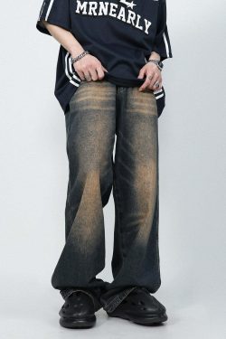 MRNEARLY Faded Jeans - Y2K Summer Grunge 90s Fashion, Retro Hip Hop, Pastel Goth Outfits