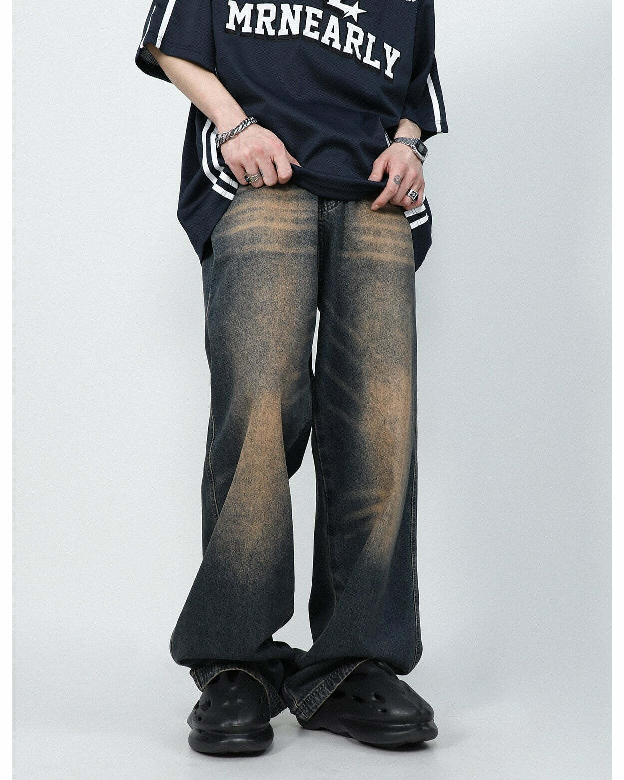 MRNEARLY Faded Jeans - Y2K Summer Grunge 90s Fashion, Retro Hip Hop, Pastel Goth Outfits