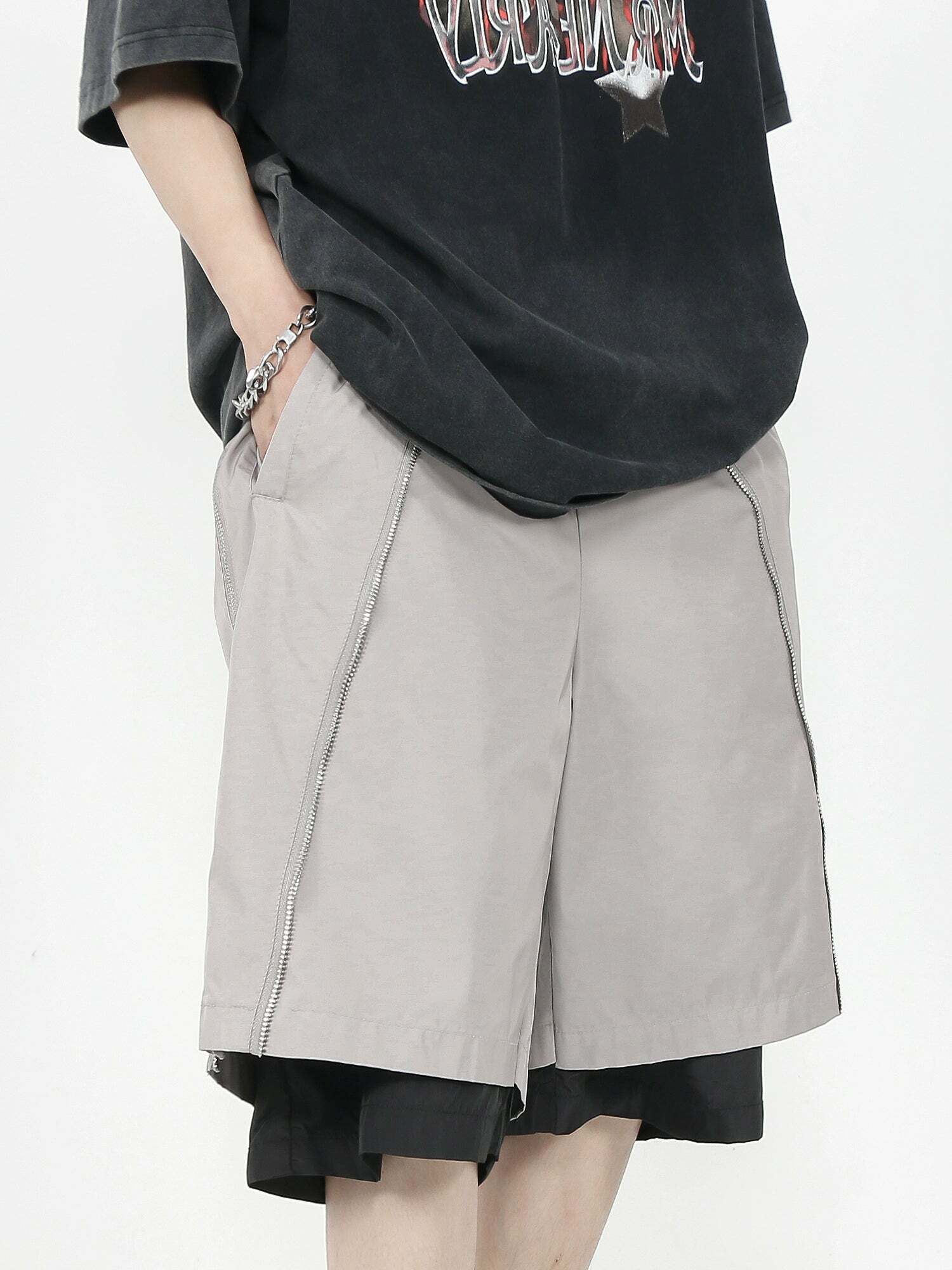 MRNEARLY Layered Zip Shorts - Y2K Summer Grunge, 90s Retro, Gothic Y2K, Y2K Club