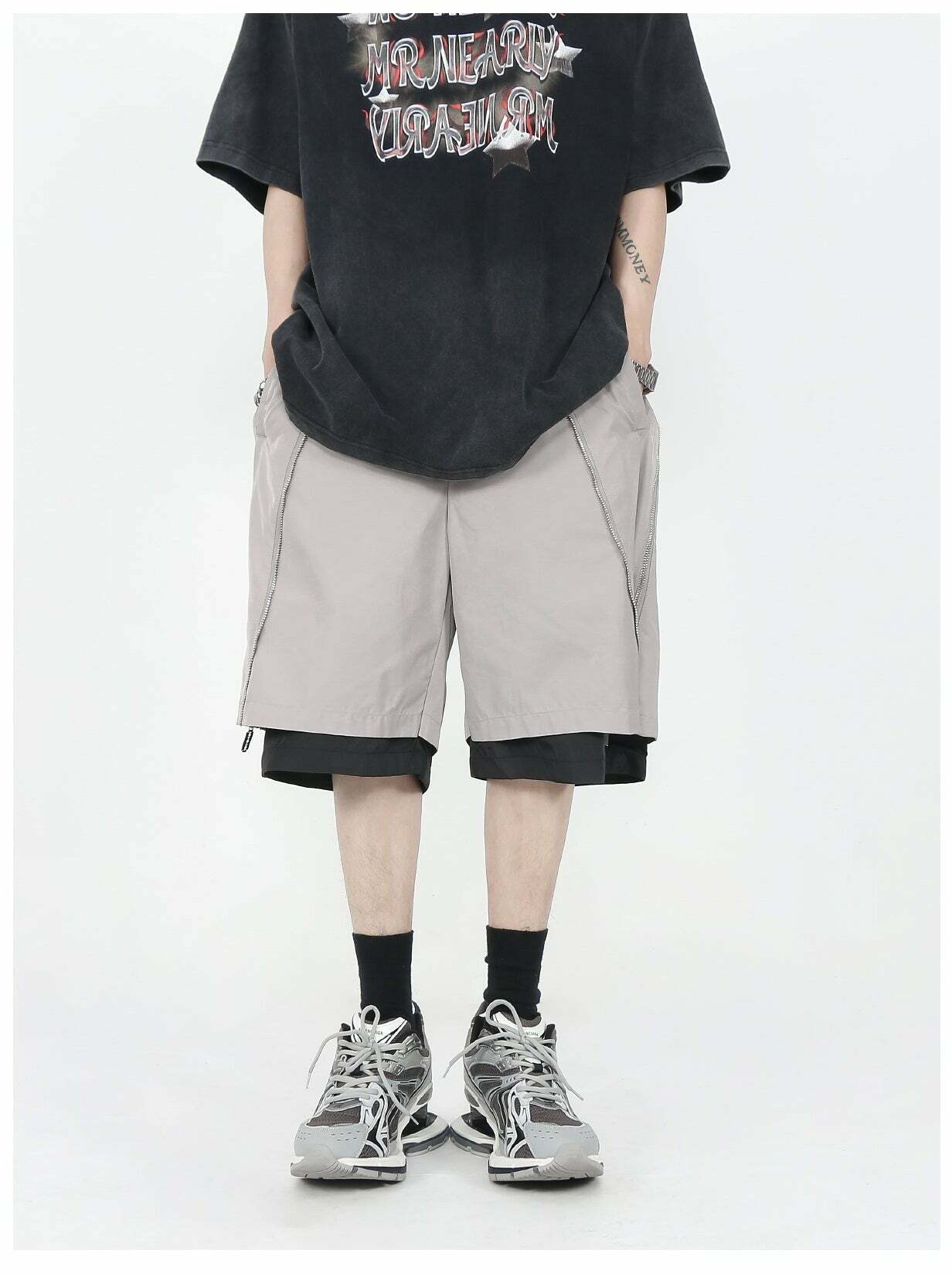 MRNEARLY Layered Zip Shorts - Y2K Summer Grunge, 90s Retro, Gothic Y2K, Y2K Club