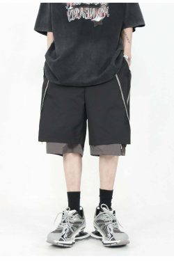 MRNEARLY Layered Zip Shorts - Y2K Summer Grunge, 90s Retro, Gothic Y2K, Y2K Club