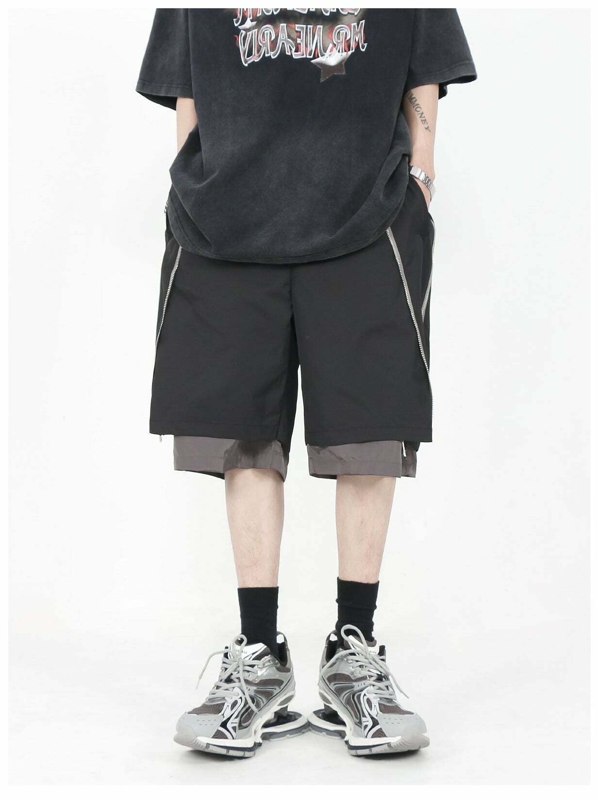 MRNEARLY Layered Zip Shorts - Y2K Summer Grunge, 90s Retro, Gothic Y2K, Y2K Club