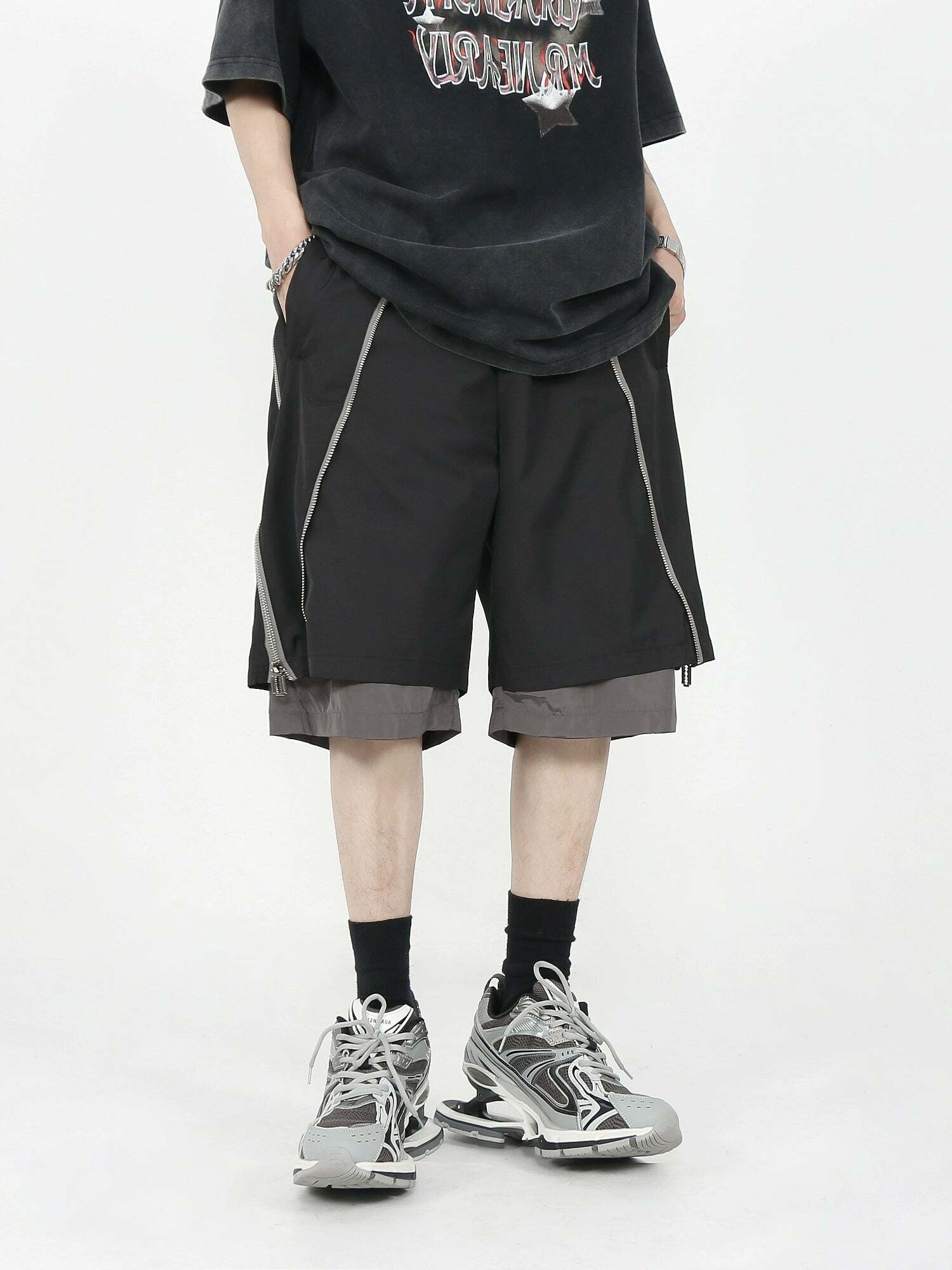MRNEARLY Layered Zip Shorts - Y2K Summer Grunge, 90s Retro, Gothic Y2K, Y2K Club