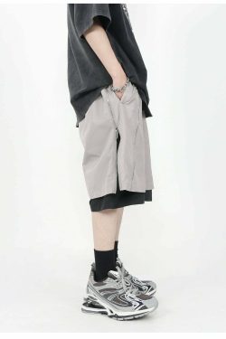 MRNEARLY Layered Zip Shorts - Y2K Summer Grunge, 90s Retro, Gothic Y2K, Y2K Club