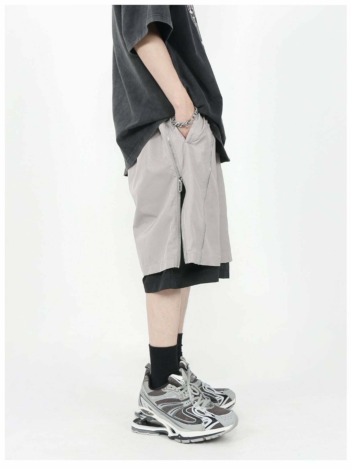 MRNEARLY Layered Zip Shorts - Y2K Summer Grunge, 90s Retro, Gothic Y2K, Y2K Club