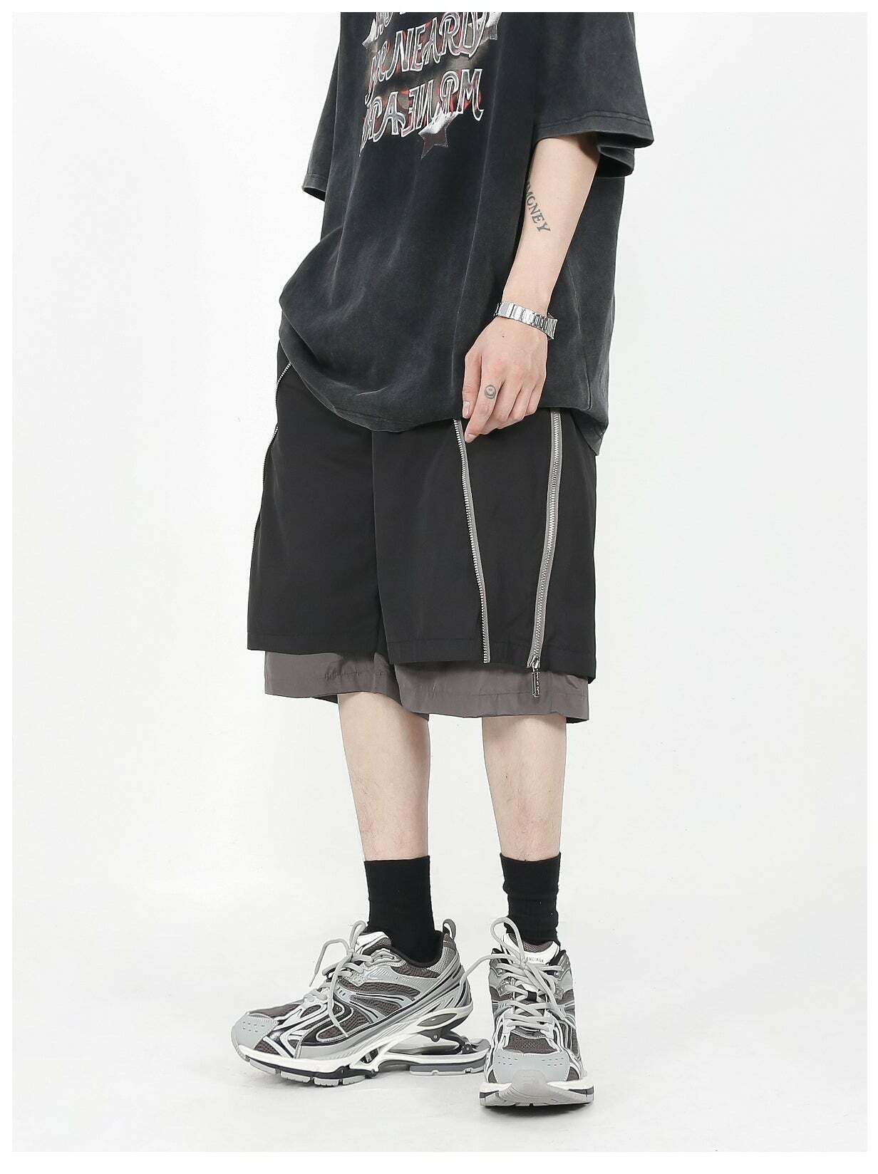 MRNEARLY Layered Zip Shorts - Y2K Summer Grunge, 90s Retro, Gothic Y2K, Y2K Club