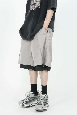 MRNEARLY Layered Zip Shorts - Y2K Summer Grunge, 90s Retro, Gothic Y2K, Y2K Club