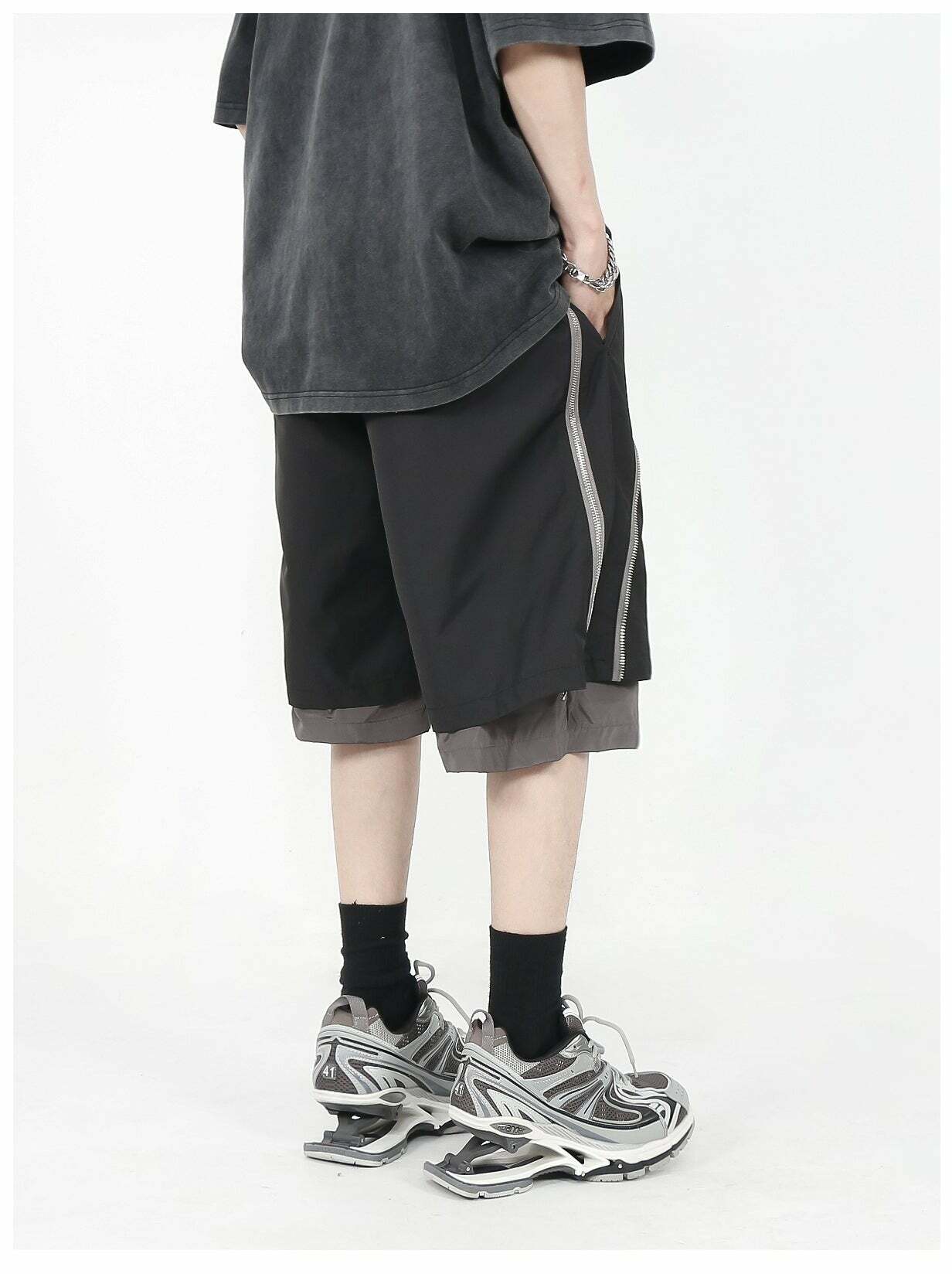 MRNEARLY Layered Zip Shorts - Y2K Summer Grunge, 90s Retro, Gothic Y2K, Y2K Club