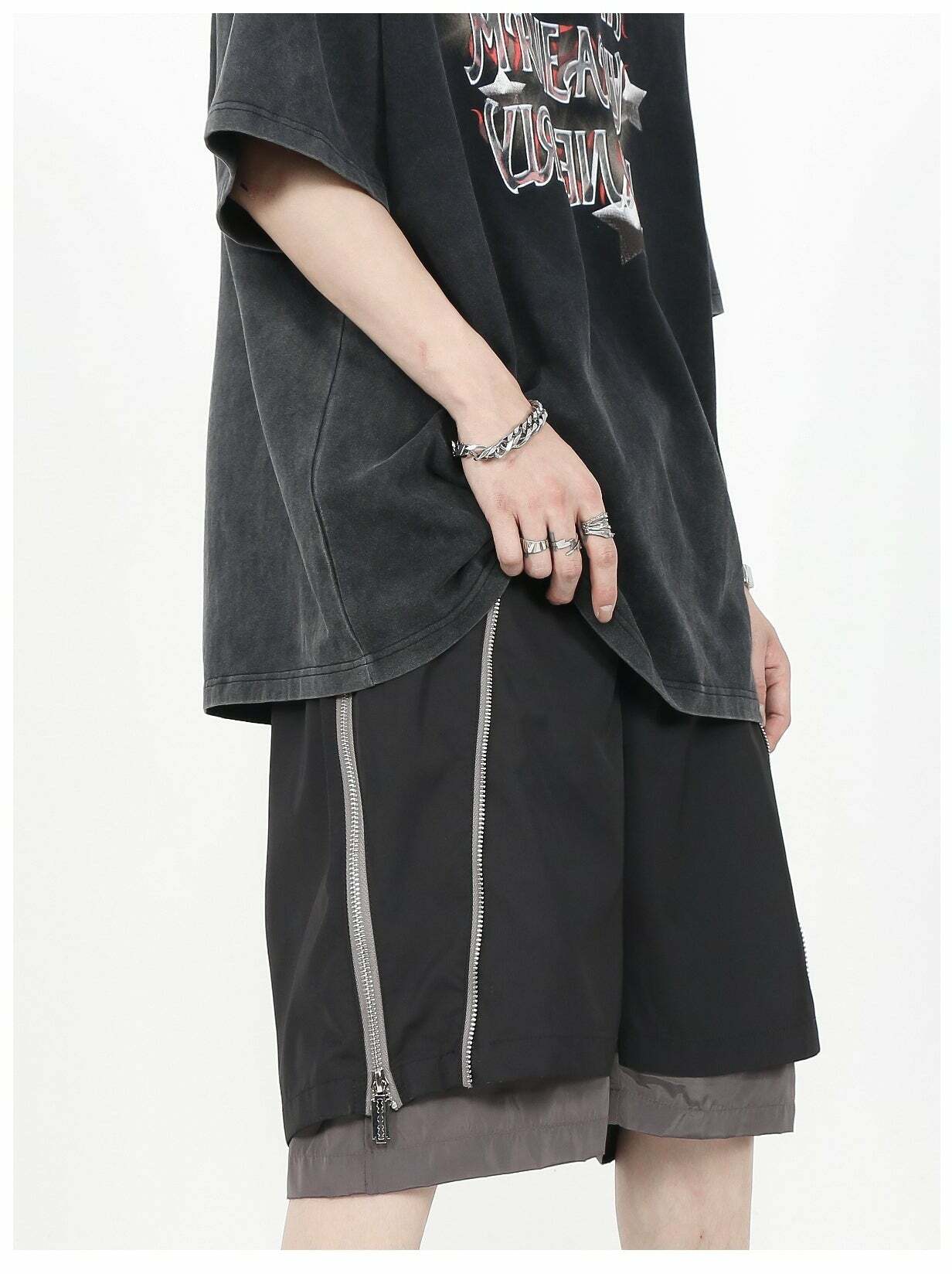 MRNEARLY Layered Zip Shorts - Y2K Summer Grunge, 90s Retro, Gothic Y2K, Y2K Club