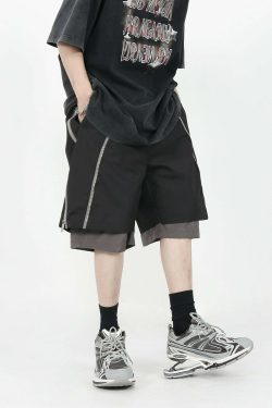 MRNEARLY Layered Zip Shorts - Y2K Summer Grunge, 90s Retro, Gothic Y2K, Y2K Club