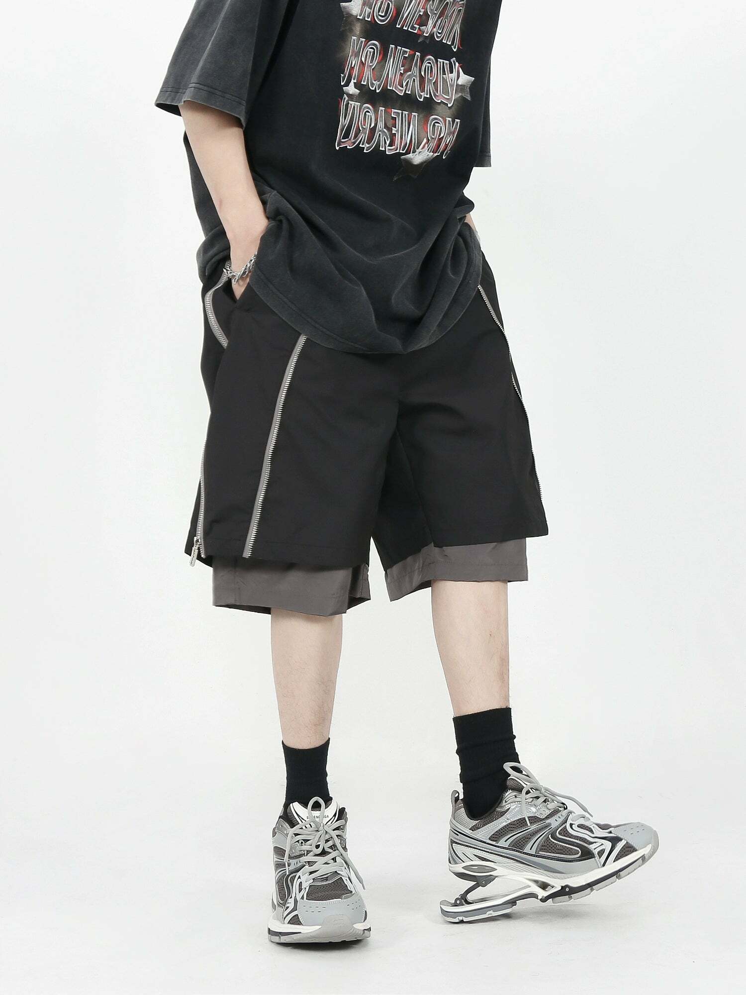 MRNEARLY Layered Zip Shorts - Y2K Summer Grunge, 90s Retro, Gothic Y2K, Y2K Club