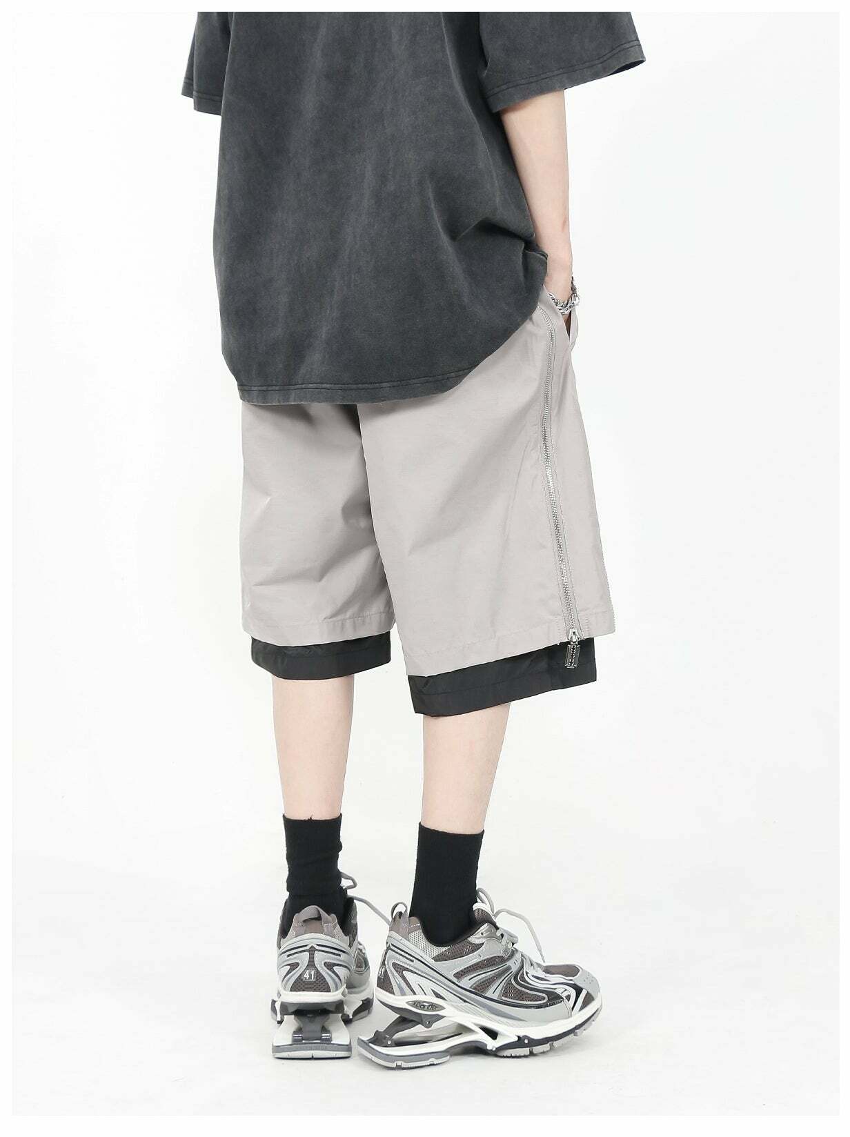 MRNEARLY Layered Zip Shorts - Y2K Summer Grunge, 90s Retro, Gothic Y2K, Y2K Club